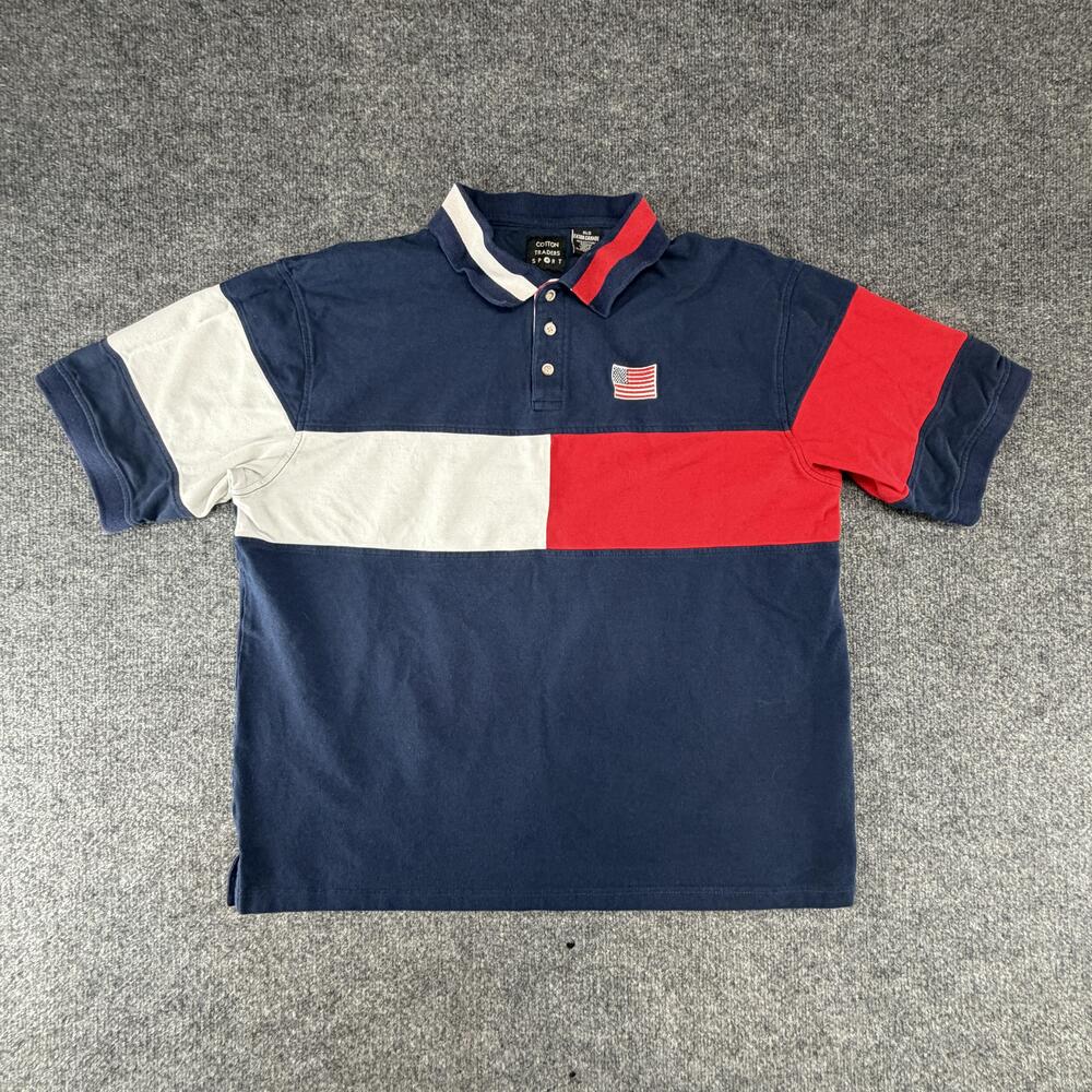 Y2K Cotton Traders USA Flag Sport Polo Shirt Mens XL Navy Colorblock Knit Casual